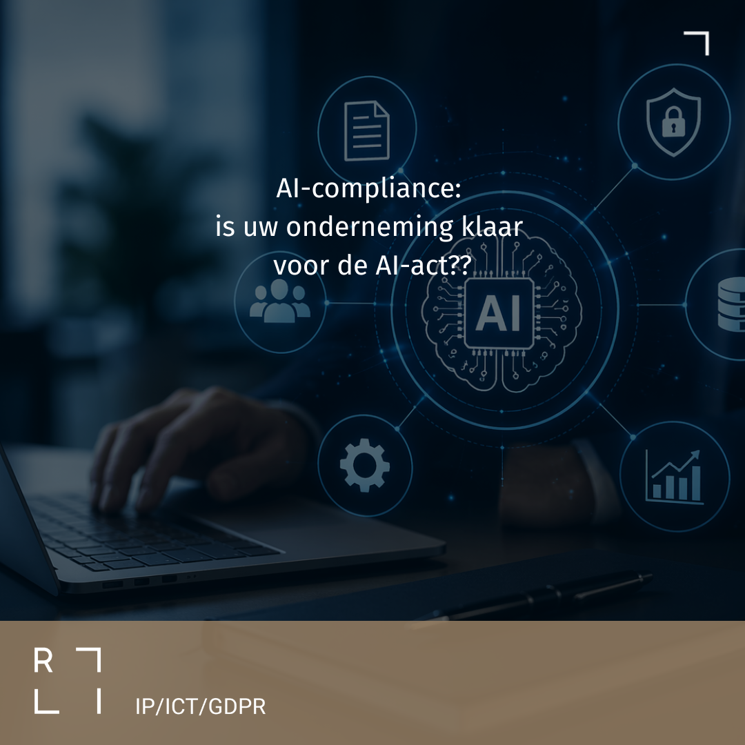Tekstoverlay over AI-compliance: Is uw onderneming klaar voor de AI-act? (Dutch) Verheldert het onderwerp van AI-regelgeving en bedrijfsgeschiktheid.