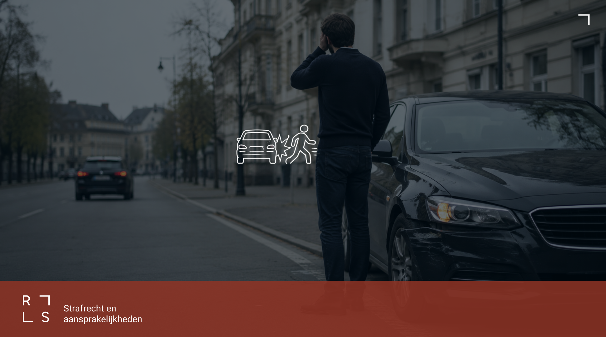 Man standing beside a dark car on a city street with a white collision icon, suggesting auto accident contact or legal aid.